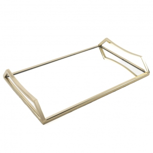 Gold Metal Dikdörtgen Aynalı Tepsi 41x26 cm